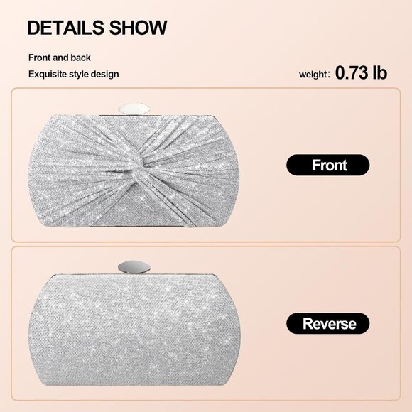 Women's Wedding Evening Silver Glitter Clutch Sparkly Detachable Chain Hand Bag - Picture 4 of 6